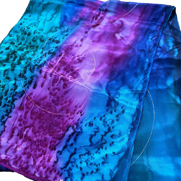 Artisan Hand Painted Pure Silk Scarf Gem Tone Colors Gold Swirls Long Rectangle - Picture 6 of 11
